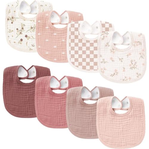 Konssy 8-Pack Muslin Baby Bibs, Adjustable Fit for Drooling and Teething | Soft Absorbent, Drool Bibs for Baby Boys Girls, Cotton Front with Fleece Backing, Newborn to Toddler 0-36M