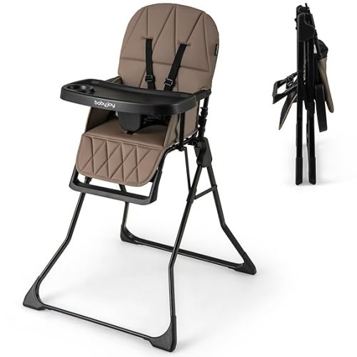 BABY JOY Foldable High Chair, Portable Highchairs for Babies and Toddlers with 3-Position Adjustable Tray & Footrest, Removable Seat Cushion, 5-Point Safety Harness, Space Saving Design (Coffee)