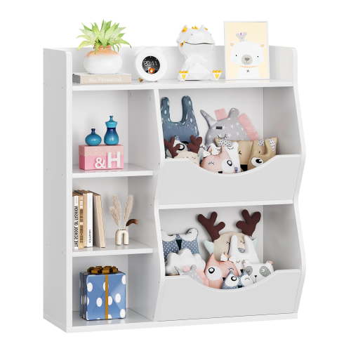 5-Cubby Kids Toy Storage Organizer, 2 Tier Bookshelf with Storage Cabinet for Boys and Girls, Wooden Bookcase for Playroom, Kids Room, Nursery, Kindergarten