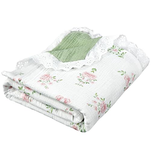 Oudain Flounce Muslin Baby Blankets, Lace Cotton Crib Blanket for Baby Infant Toddler, Soft and Lightweight Nursery Blankets 40"x35"(Flowers)