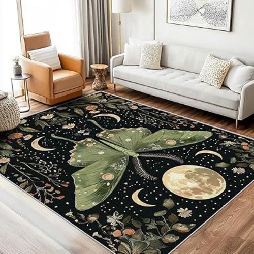 Luna Moth Rug 5x7 - Vintage Moon Phase Area Rug for Bedroom, Living Room, Home Decor - Witchy Botanical Floral Indoor Floor Carpet - Washable & Non Slip kdo292