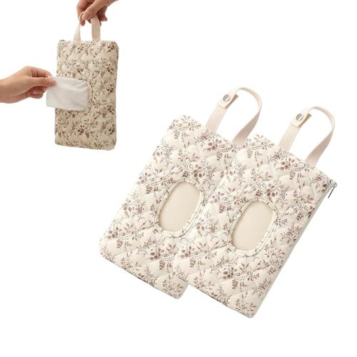 2 PCS Floral Quilted Baby Wipe Holder Pouch with Strap, Reusable Portable Wipes Case for Stroller & Diaper Bag, Leak-Proof Travel Wipes Dispenser with Floral Pattern (Beige)