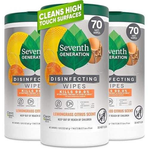 Seventh Generation Disinfecting Wipes, Lemongrass Citrus, 70 Count, 3 Pack, Botanical Multi-Surface Cleaner Kills 99.9% Germs, No Bleach, Plant-Based Formula for Home, Kitchen, Bathroom, Car Interior