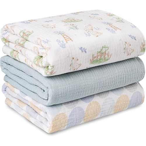Muslin Swaddle Blankets for Newborn, 3 Pack Breathable Soft Receiving Blanket, Large 38 x 40 inches Swaddle Wrap Burping Clothes Diapers, Essentials Infant Shower Items, Toddler Gift (Clouds & Stars)