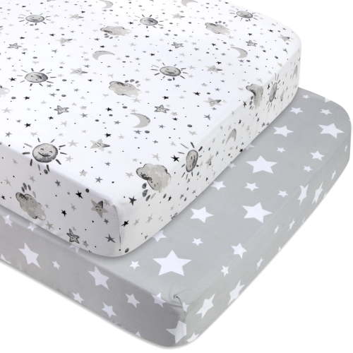 Baby Essentials 2 Pack of 52L x 28W Standard Microfiber Patterned Fitted Elastic Baby Crib Sheets for Newborns, Infants and Toddlers Nursery, Crib, Bed and Mattress in Stars & Moons