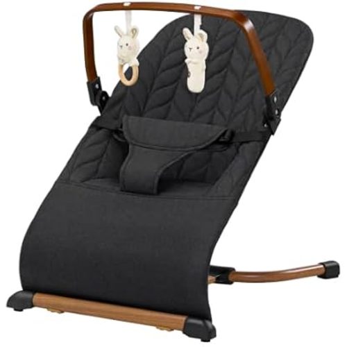 Portable Baby Bouncer, Bouncer Seat for Babies 0-12 Months, 3 Recline Positions, Foldable Baby Rocker Chair with Removable Wooden Bar, Black