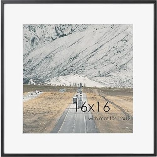 FLYJOE 16x16 Metal Square Picture Frame For Wall With Mat For 12x12, 16''x16'' Aluminum Photo Frames With Tempered Glass For Home Decor, Minimalist Modern Poster Frame Horizontally Vertically, Black