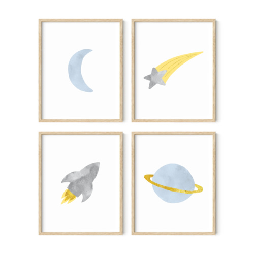 Blue and Gray Space Art Prints (Set of 4)