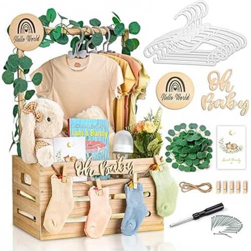 Wooden Baby Shower Crate Closet - Personalized Baby Gift Baskets with Hangers, Large Newborn Boys Girls Clothes Storage Box for Newborn New Parent