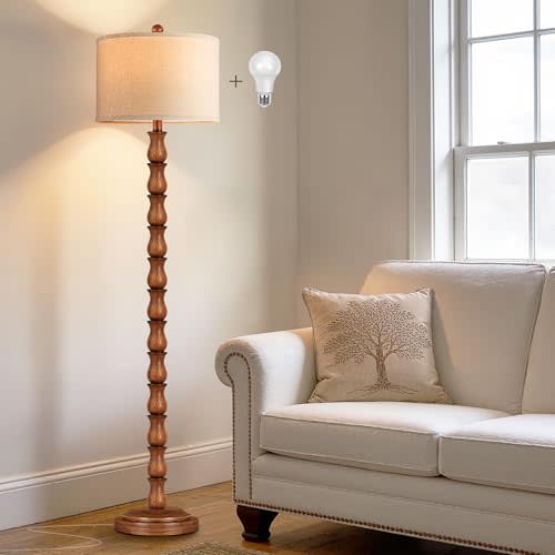 63.5" Rustic Floor Lamp for Living Room, Farmhouse Floor Lamp with Rotary Switch & Linen Shade, Vintage Resin Tall Standing Lamp for Bedroom Corner Office Home Decor, Light Walnut (LED Bulb Included)