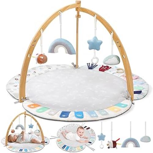 EXIN DECHEN Baby Play Gym & Activity Mat,Natural Organic Bamboo Frame with 4 Detachable Sensory Toys,Tummy Time Mat,Play Mat for Babies 0-6 Months,Newborn Play Mat,Baby Essentials Gifts