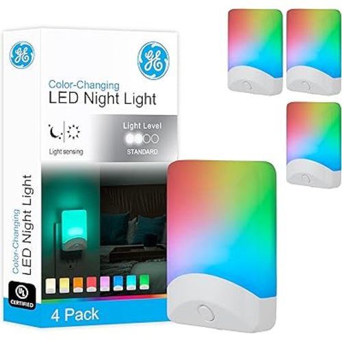 GE Color Changing LED Night Light for Kids, Dusk to Dawn Sensor, Home Decor Apartment Essentials, Wall Lights for Bedroom, Ambient Lighting, Nightlights Plug in, 50860, 4-Pack