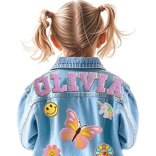 Rryoumisun Personalized Patch Denim Jacket with Names, Custom Name Jeans Jacket, Christmas Gifts for Girls Boys, Customized 1-10st Birthday Gifts, Custom Toddler Spring&Fall Outerwear Jackets