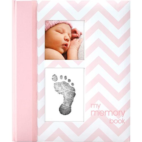Pearhead First 5 Years Chevron Baby Memory Book With Clean-Touch Baby Safe Ink Pad To Make Baby's Hand Or Footprint Included, Newborn Milestone And Pregnancy Journal, Pink