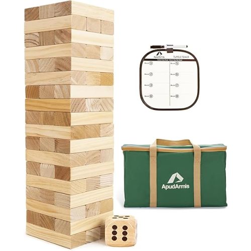 ApudArmis Giant Tumble Tower (Stack from 2Ft to Over 4.2Ft), 54 PCS Pine Wooden Stacking Timber Game with 1 Dice Set - Classic Block Giant Outdoor Game for Teens Adults Family