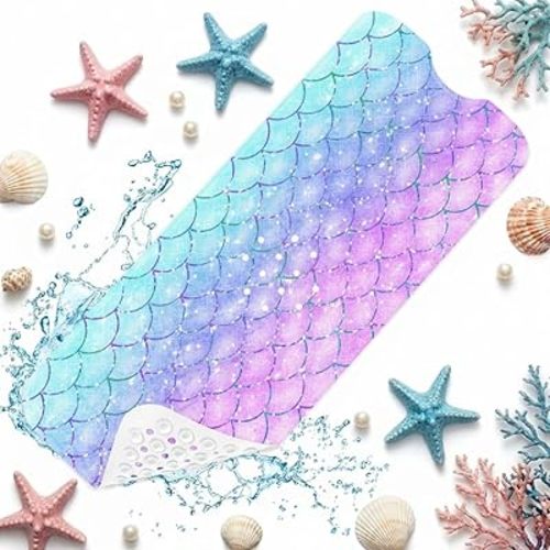 Pink Blue Mermaid Bathtub Shower Mat Fish Underwater Sea Non-Slip Tub Extra Long Bath Floor 40X16 Inch Machine Washable for Bathroom Tub Bath Mat for Toddler and Baby
