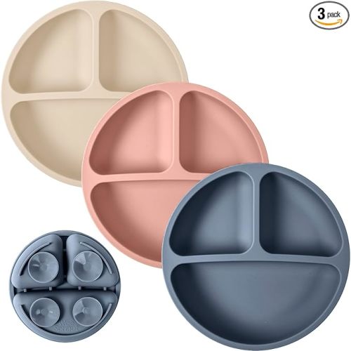 WeeSprout Suction Plates for Babies & Toddlers - 100% Silicone, Dinnerware Stays Put, Divided Design for Picky Eaters, Microwave & Dishwasher Friendly, 3 Pack