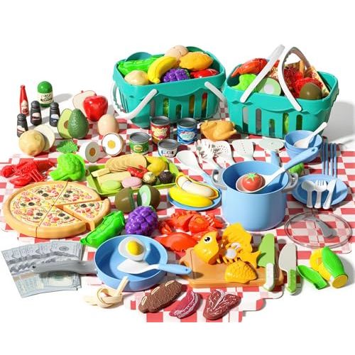 150Pcs Kitchen Playset, Toddlers Pretend Cooking Cookware Accessories, Food, Picnic Blanket, Fruits, Veges, 2Pack Shopping Storage Basket, Dessert and Prop Money, Gift for Kids (Blue)