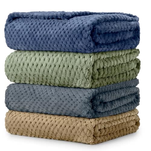 Reginary 4Pcs 30x40 Baby Blanket Fuzzy,Blue, Green, Khaki, Gray | Waffle Flannel Baby Throw Blankets, Warm Nursery & Crib Blankets, Girl & Boy Newborn Infant