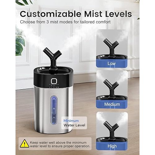 Feekaa Stainless Steel Humidifier Easy Clean, 1Gal/4L Cool Mist Humidifiers for Bedroom, Dishwasher Safe Humidifier Large Room, Humidifiers for Bedroom Baby Nursery Living Room Office, Black