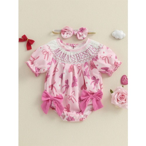 Baby Girls Rompers Letter Embroidery Bow Print Short Sleeve Infant Bodysuits Jumpsuits With Headband | SHEIN USA