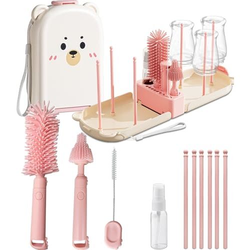 Pink Travel Baby Bottle Cleaner Kit – 6-in-1 Portable Brush Set with Drying Rack & Storage Case | Baby Travel Essentials for Flying, Newborn Bottle Cleaning & Breast Pump Parts On-The-Go