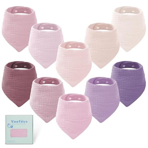 Yoofoss Muslin Baby Bibs 10 Pack 100% Organic Cotton 6-Layer Soft Absorbent Drool Bandana Baby Bibs for Drooling and Teething for Boys and Girls, Gradient Purple