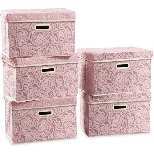 PRANDOM Collapsible Storage Boxes with Lids [5-Pack] Fabric Decorative Storage Bins Cubes Organizer Containers Baskets with Cover Handles Divider for Bedroom Closet Living Room Pink 14.9x9.8x9.8 Inch