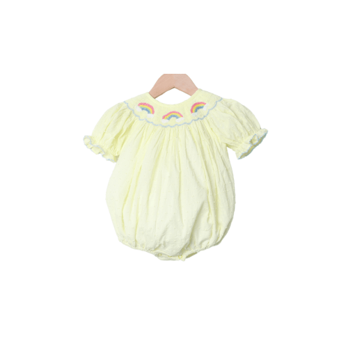 Smocked Yellow Swiss Dot Rainbow Bubble