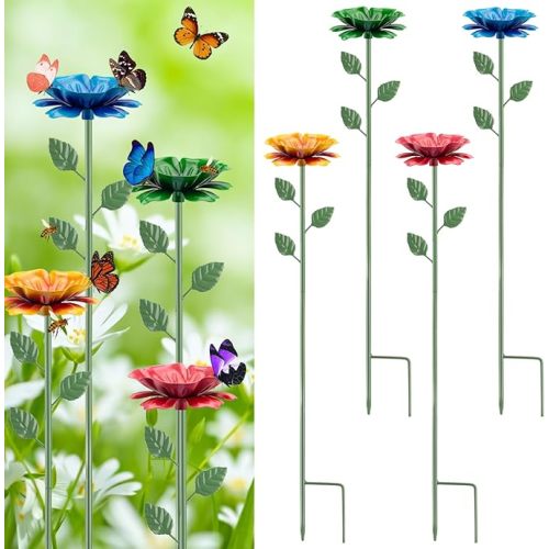 4 Pack Bee Watering Station, Bee Feeder for Garden Metal Butterfly Water Feeder with Flower Design Colorful Butterfly Bee Bath Bowl for Outdoor Garden Yard