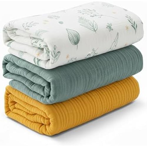 Muslin Swaddle Blankets for Newborn, 3 Pack Soft 100% Cotton Baby Receiving Blanket, Swaddle Wrap Burp Clothes, Large 43 x 35 inches, Oeko-TEX Certified