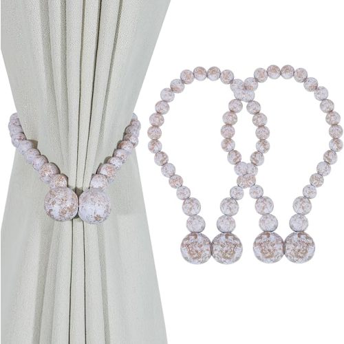 KLOGTSIND Magnetic Curtain Tiebacks, Curtain Holdbacks for Curtains 2 Pack, Wood Bead Curtain Holders for Boho Bedroom Decor, Baby Nursery Decor, Farmhouse Decor