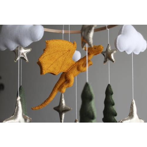 Felt dragon baby crib mobile Fantasy magic nursery hanging decor, New mom gift