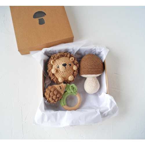 Hedgehog baby gift set, Hedgehog stuffed toy and mushroom baby toy, Woodland baby shower gift, First Christmas gift box