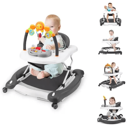 Baby Walker, 5-in-1 Baby Walkers for Boys and Girls 6-12 Months with Bouncer, Removable Footrest, Feeding Tray & Music, Foldable & Adjustable Activity Walker for 6-18 Months Toddler Infant