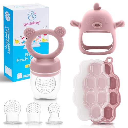 Gedebey Baby Food Fruit Feeder and Breastmilk Popsicle Mold Set, 3 Pack - 1 Food Feeder Pacifier for Teething Relief, 1 Freezer Tray, 1 Baby Teether Toy, Silicone Fruit Teether (Blush)