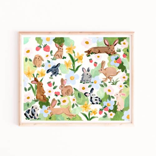Rabbit Art Print: Strawberries and Flowers, Sabina Fenn