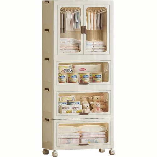 4-Tier Kids Wardrobe Closet w/Doors, Wheels & Hanging Rod - Portable Baby Clothes Organizer w/10 Hangers