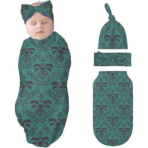 Skull Swaddle Blankets Newborn Receiving Blanket Baby Swaddle Wrap with Headband Hat Set for Baby Girls Boys