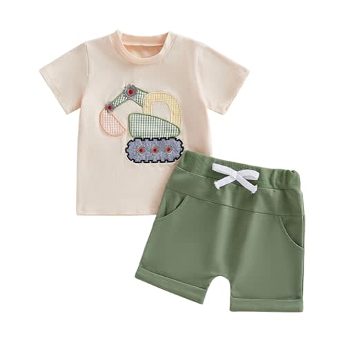 FOCUSNORM Toddler Baby Boy Summer Clothes Excavator Embroidery Short Sleeve T-Shirt Elastic Waist Shorts Set 2 Piece Outfit