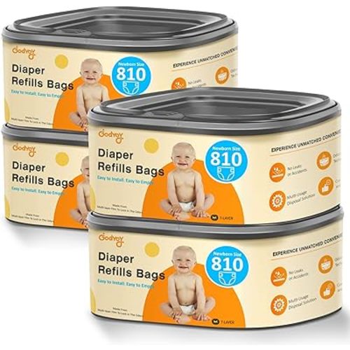 Jumbo Square Diaper Bags Refill Compatible with Diaper Genie Classic/Compact/Select Pails, Holds up to 810 Newborn-Sized Diapers, Odor Control & Durable Disposal Refill, Plant Scented, Pack of 4