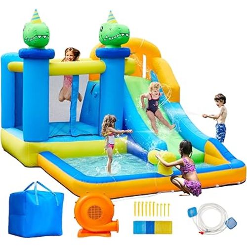 Anpro Inflatable Water Slide Bounce House, 6 in 1 Water Park Bounce House with Blower, Splash Slide, Climbing Wall, Splash Pool, Water Cannon for Kids Backyard Party, Outdoor Indoor, ACANRS0501-1-AP