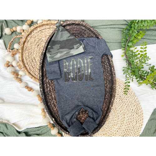 Personalized camo baby romper outfit and hat set, hunter boy coming home outfit, baby boy shower gift, fold over footies, camouflage