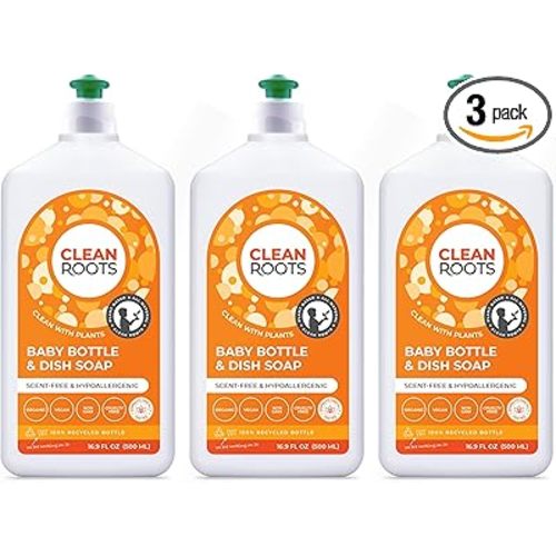 Baby Bottle & Dish Soap – EcoGarantie Certified, 100% Plant-Based Formula, Made with Organic Ingredients, Scent-Free & Hypoallergenic – 16.9 fl oz (500 mL), Pack of 3