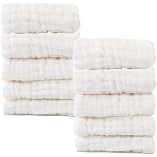 MUKIN Baby Washcloths - Natural Cotton Baby Wipes - Soft Newborn Baby Face Towel for Sensitive Skin- Baby Registry as Shower, 10 Pack 12x12 inches (White)