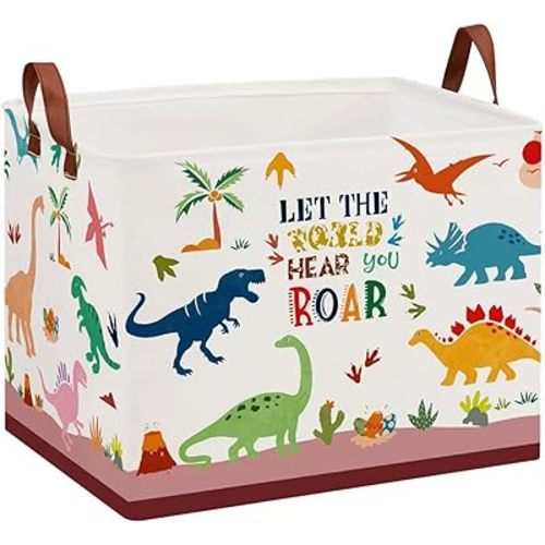 Dinosaur Room Decor Basket for Boys, 36L Volcano Baby Laundry Basket Leaf Cactus Kid Storage Bin Rectangular Collapsible Clothes Book Toy Bin for Boy,Pink
