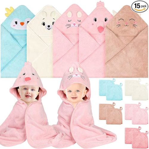 15 Pack Hooded Baby Towels, 5 Packs Soft Baby Bath Towels with Hood for Babies, 10 Packs Baby Washcloths for Newborns, Toddlers, and Kids- Absorbent, Baby Stuff Shower as Best Gifts for Boys and Girls