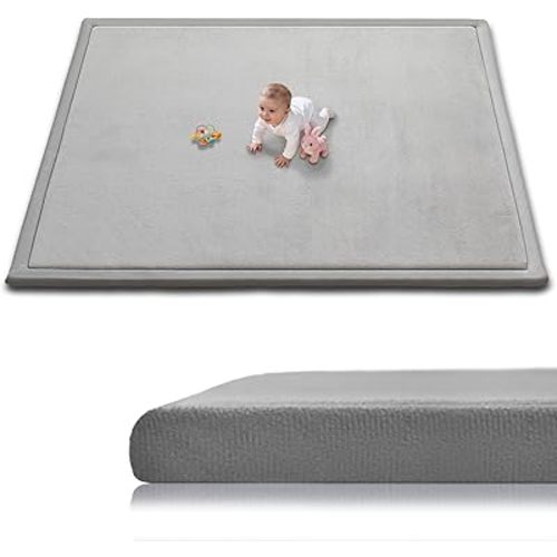 Baby Play Mat for Floor, 1.3 Inch Thick Memory Foam Tummy Time Mat with Non Slip Backing, Soft Coral Velvet 59X79 Inch Playpen Mat Crawling Tatami for Infants Toddlers Kids, Light Grey
