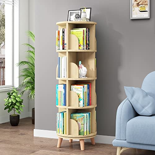 Gdrasuya10 4 Tier Rotating Bookshelf with Legs, Floor Standing Bookshelf Stackable Bookshelf Wood Bookcase Round Bookcase 360 Display Book Shelf for Bedroom Living Room