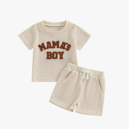 Kupretty Toddler Baby Boy Summer Clothes Embroiderey Waffle Knit Short Sleeve T-Shirt Tees + Casual Shorts Cute Clothing Set